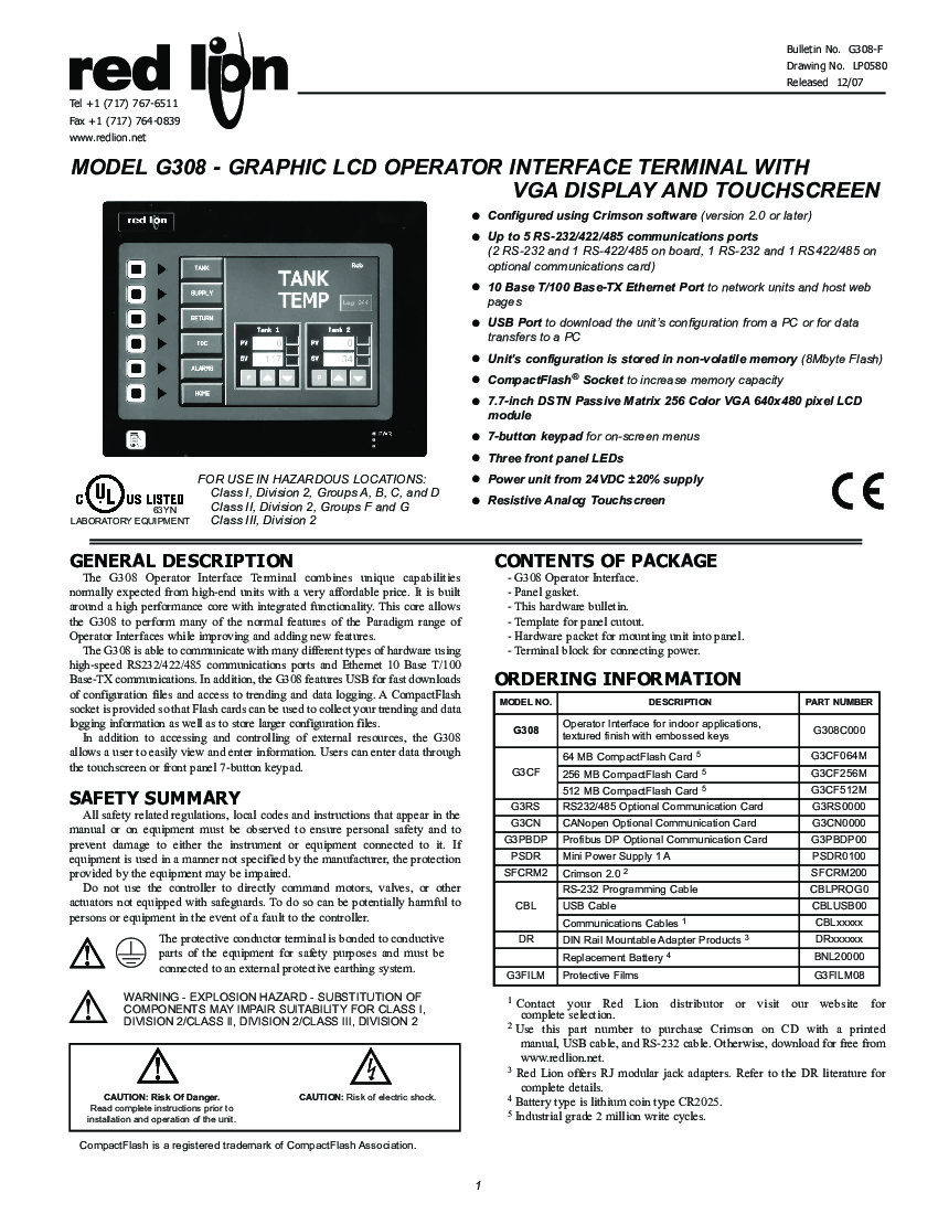 First Page Image of G308C000 Red Lion G308C Product Manual  G308-F.pdf